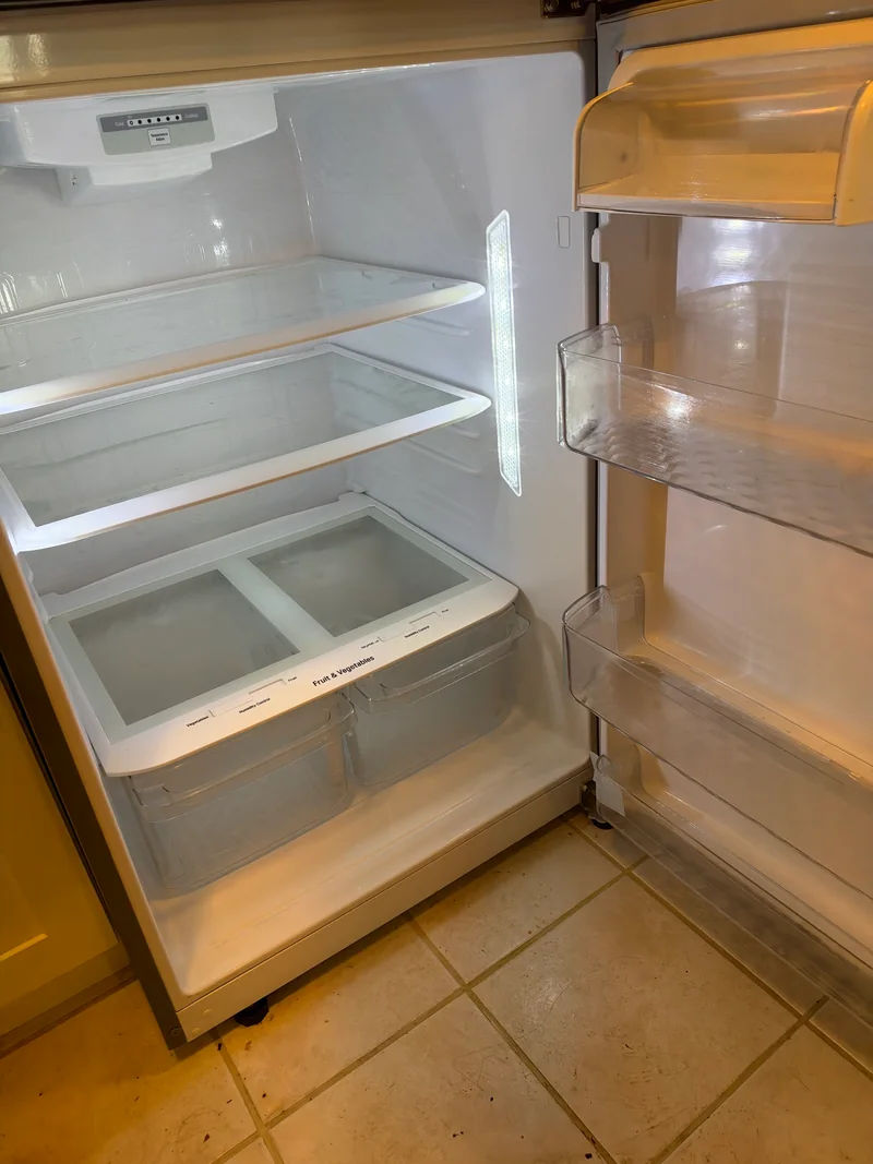 Empty refrigerator with clean shelves, drawers and door compartments